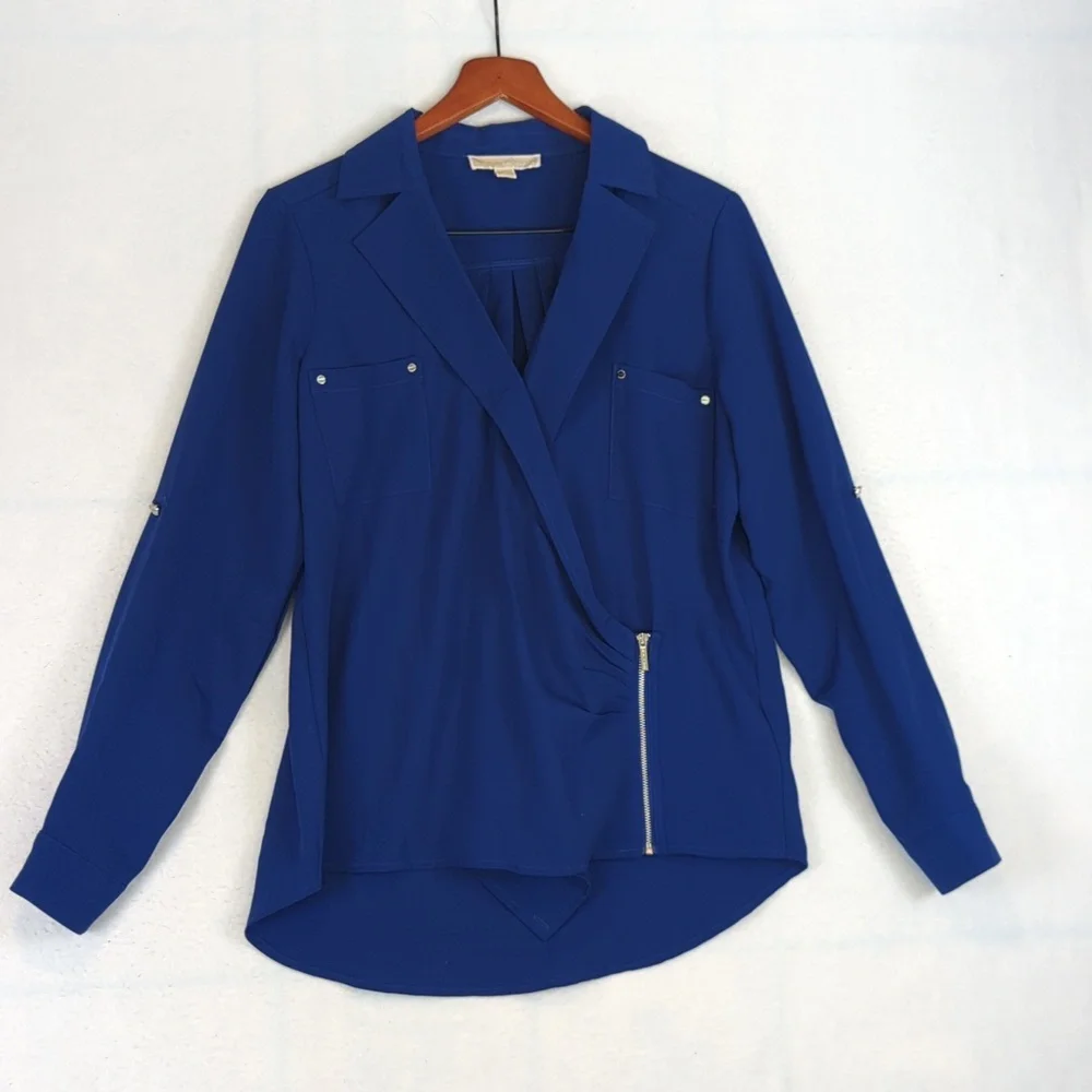 Michael Kors Cobalt Blue Chiffon Collared‎ Front Zipper Long Sleeve Blouse M
